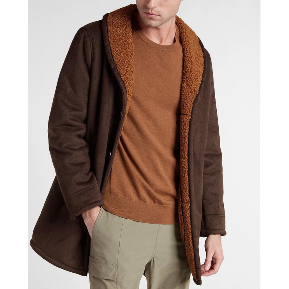 NEW EXPRESS $278 MEN DARK BROWN FAUX SUEDE SHEARLING JACKET SZ M MEDIUM NWT